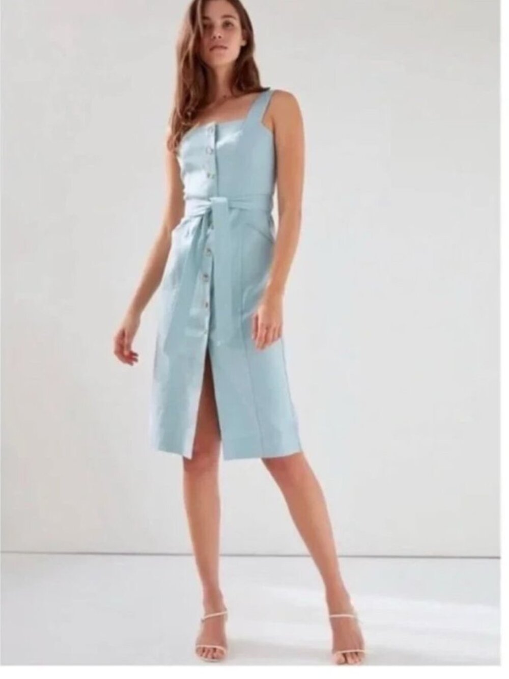 Aritzia Babaton Kofi Dress Button Front Belt Ice Blue Linen- Size 0